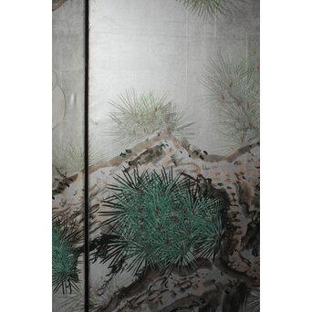 鶴松画 銀地六曲屏風半双　Z1060 
