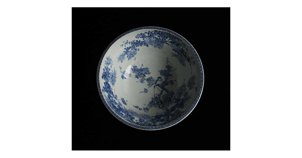 明治期 瀬戸焼 加藤杢左衛門作 染付花鳥図 大鉢 P682｜骨董店 のびる