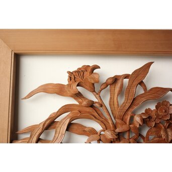 吉田楳堂 花鳥木彫欄間 2枚1組　R0591 