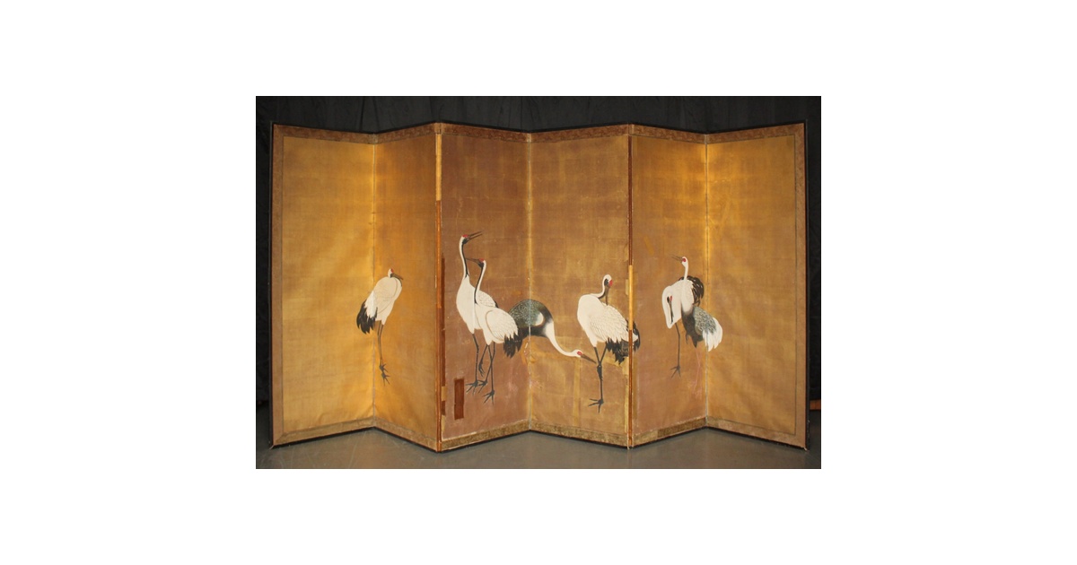 木版画 鶴 紅葉 金地 伝統美術41 金地 群鶴図 6曲半双 屏風 Z1065｜骨董店 のびる 古美術 骨董 和風建具
