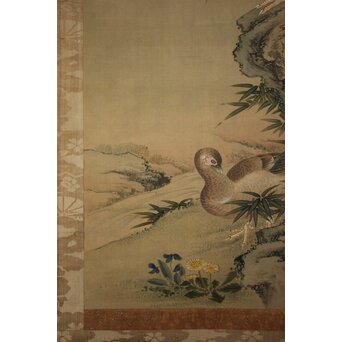 倣 柳沢淇園 柳里恭 花鳥図 絹本軸装　Z1069 