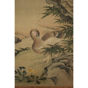 倣 柳沢淇園 柳里恭 花鳥図 絹本軸装　Z1069 