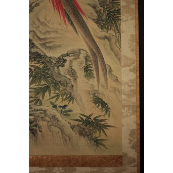 倣 柳沢淇園 柳里恭 花鳥図 絹本軸装　Z1069 