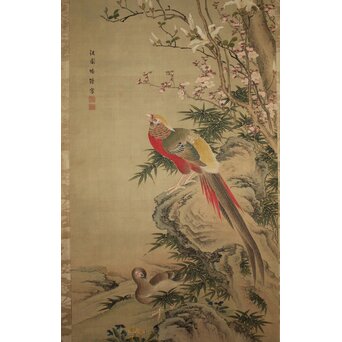 倣 柳沢淇園 柳里恭 花鳥図 絹本軸装　Z1069 
