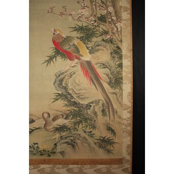 倣 柳沢淇園 柳里恭 花鳥図 絹本軸装　Z1069 