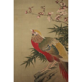 倣 柳沢淇園 柳里恭 花鳥図 絹本軸装　Z1069 