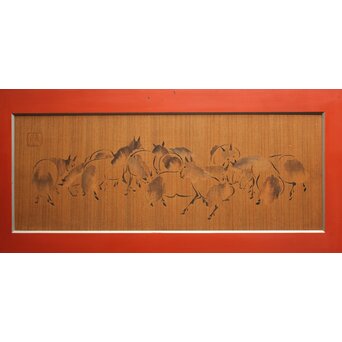 箱根細工創始者 白川洗石 木象嵌額 雪舟群馬図　X665 